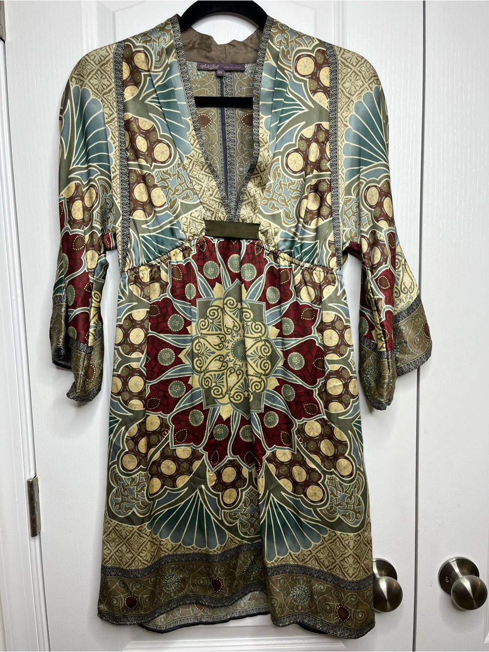 Hale Bob Silk Dress Boho Fall Mandala Mini Dress V Neck Empire Waist XS